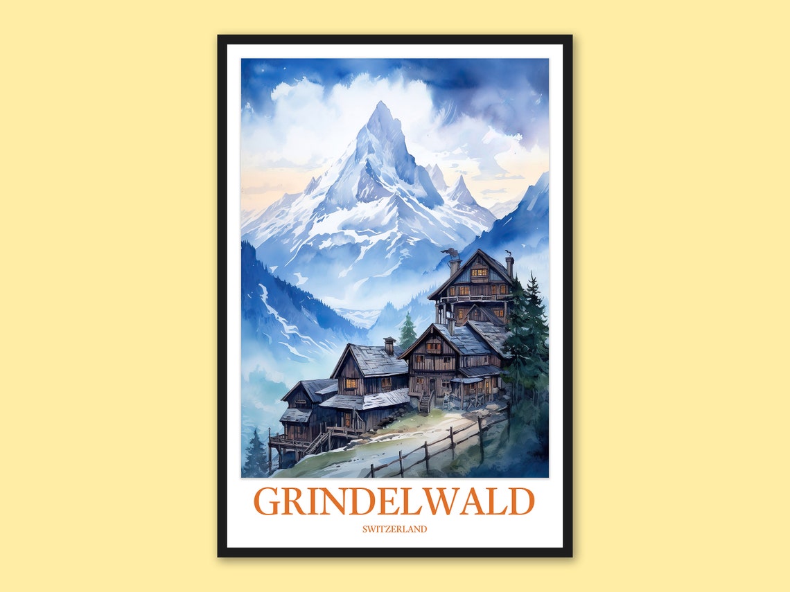 Grindelwald Switzerland Alpine Chalets Snow Peak Watercolor Poster