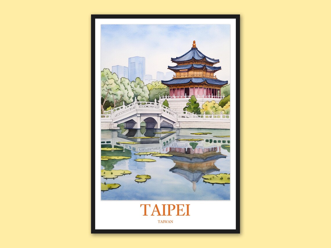 Taipei Taiwan Pagoda Lake Lotus Garden Watercolor Travel Poster