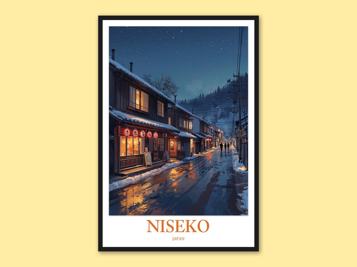 Niseko Japan Snowy Night Restaurant Street Warm Golden Glow Poster