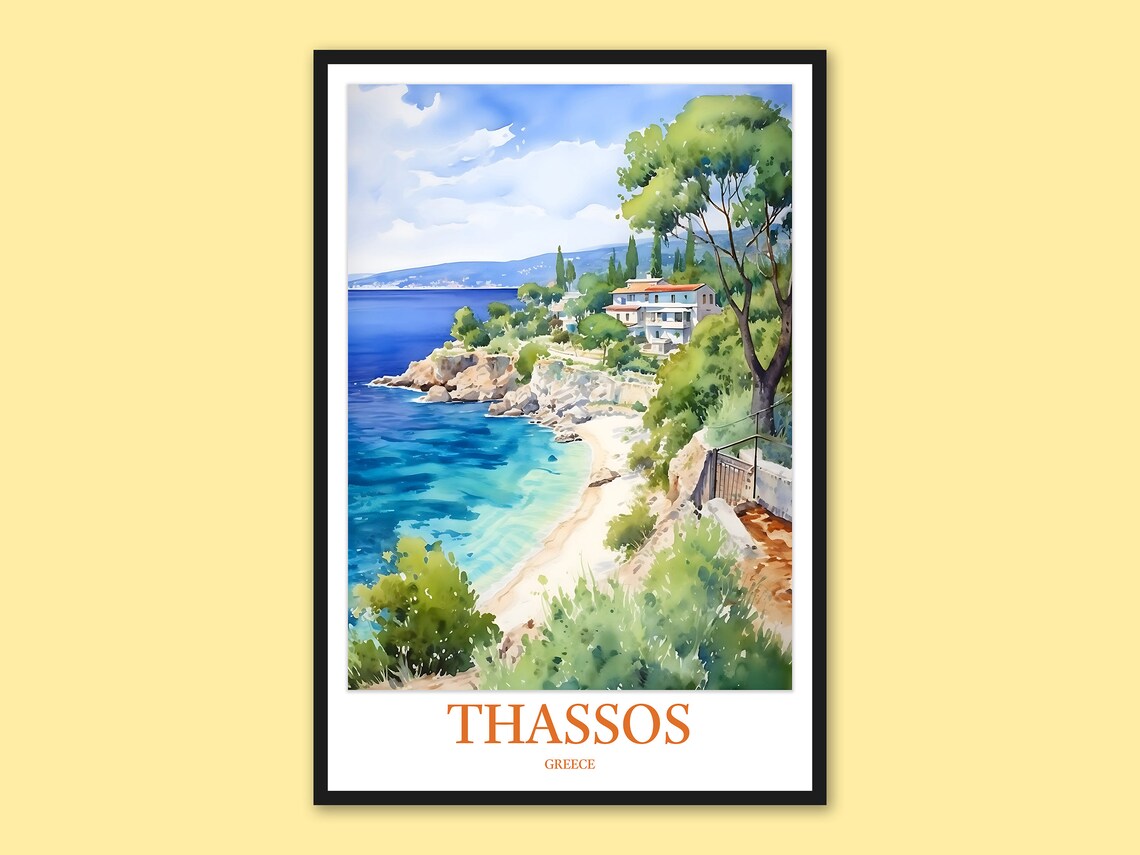 Thassos Greece Watercolor Turquoise Cove Villa Coast Travel Poster