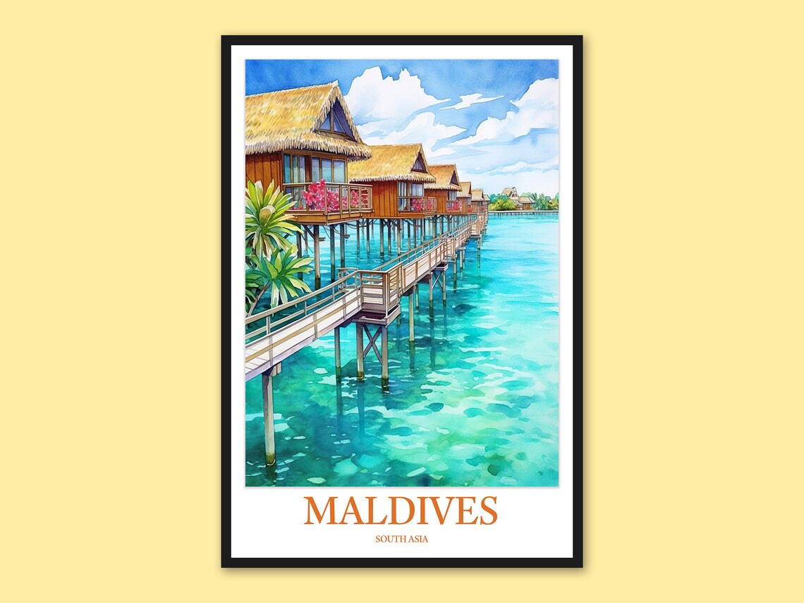 Maldives Boardwalk Overwater Villas Turquoise Lagoon Travel Poster
