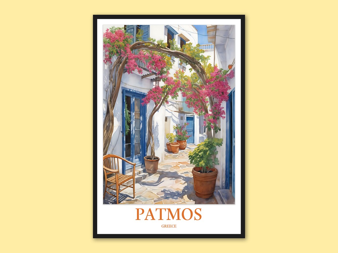 Patmos Greece Bougainvillea Arch Alley Watercolor Travel Poster
