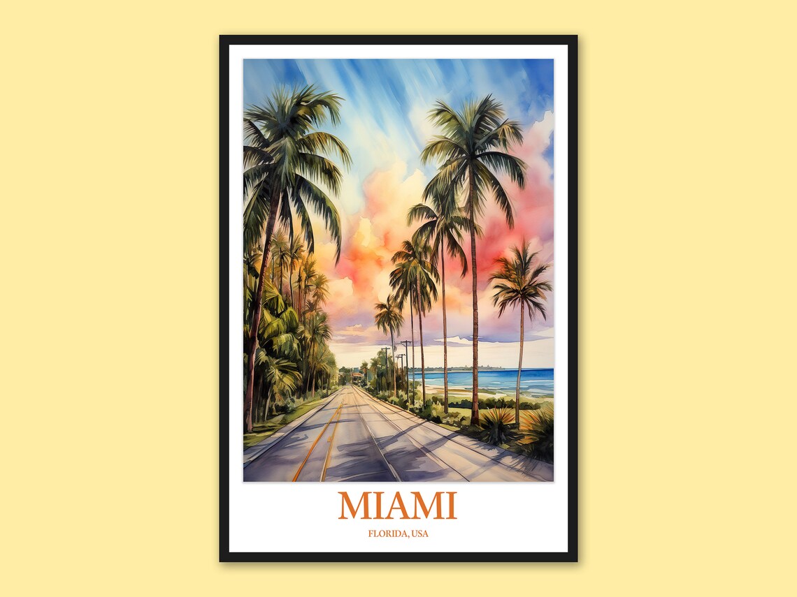Miami Beach Palm Road Sunset Watercolor Florida Travel Art Poster