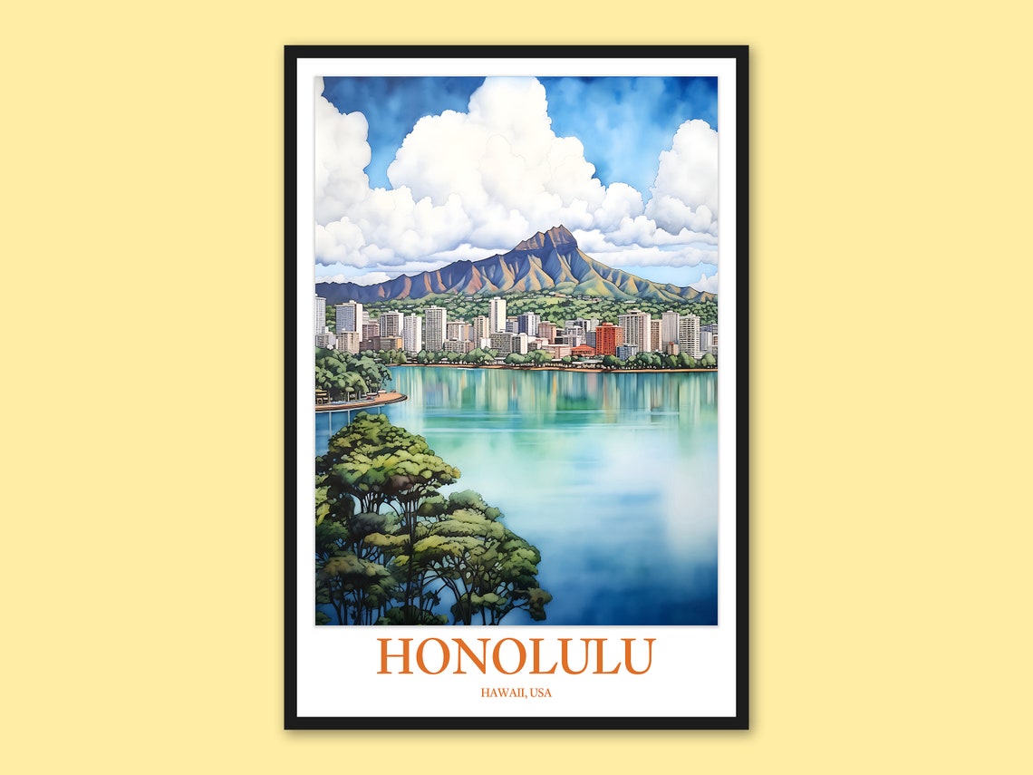 Honolulu Hawaii Diamond Head Crater Lagoon Watercolor Poster