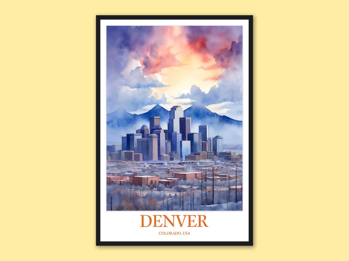 Denver Colorado Dramatic Cloud Sunset Cityscape Watercolor Poster