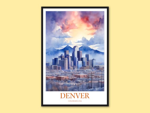 Denver Colorado Dramatic Cloud Sunset Cityscape Watercolor Poster