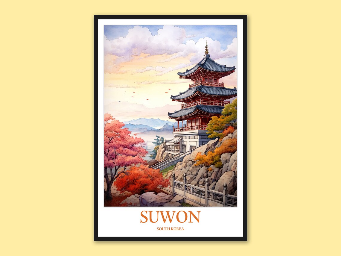 Suwon South Korea Temple Cherry Blossom Travel Poster Artwork