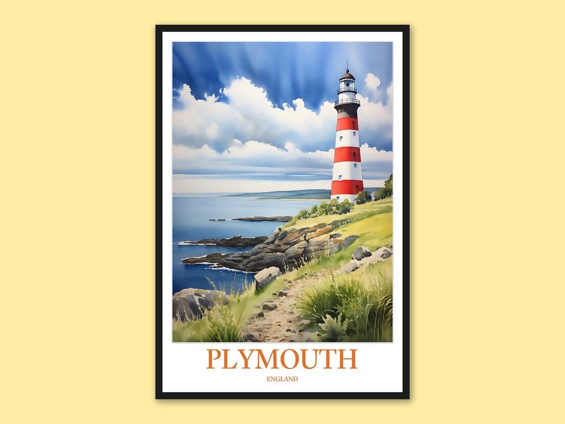 Plymouth England Striped Lighthouse Watercolor Coastal Travel Poster