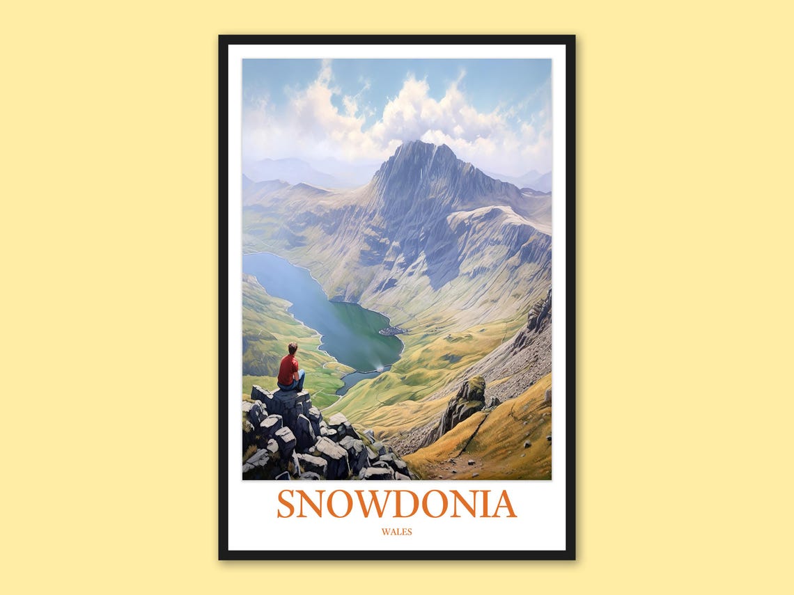 Snowdonia Wales Hiker Overlooking Lake Valley Mountain Poster