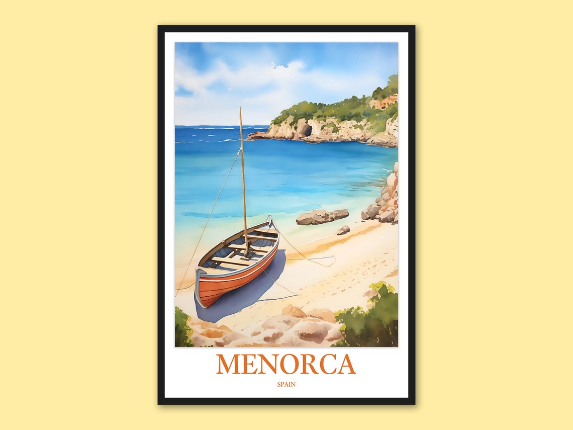 Menorca Spain Red Wooden Boat Resting on a Sandy Beach Poster