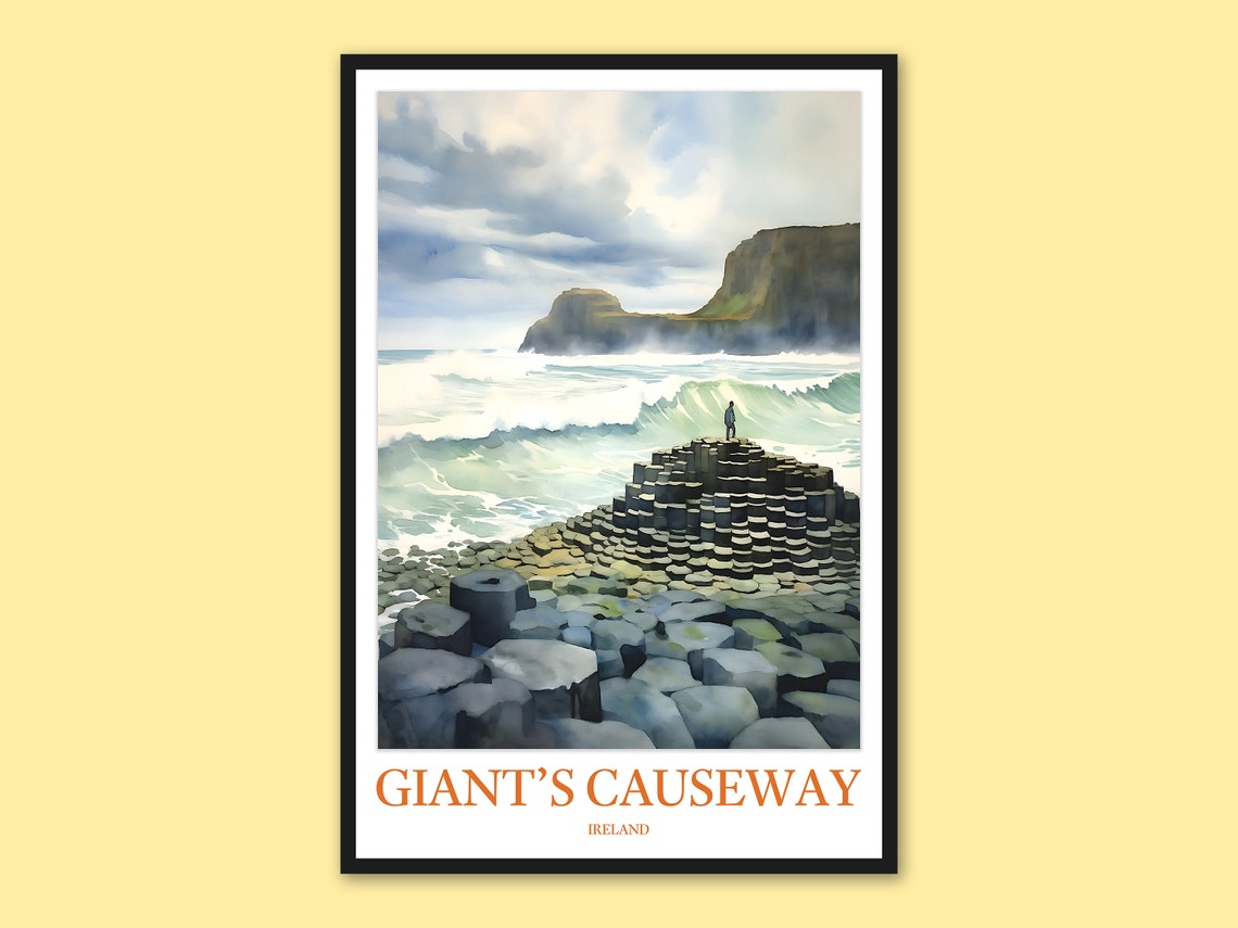 Giants Causeway Crashing Waves Lone Walker Watercolor Poster