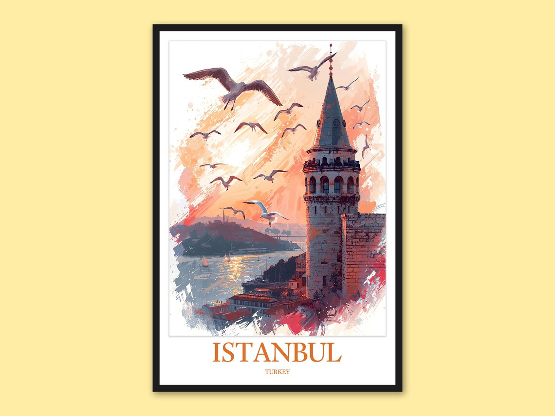 Istanbul Galata Tower Pink Sunset Seagulls Painting Poster Scene