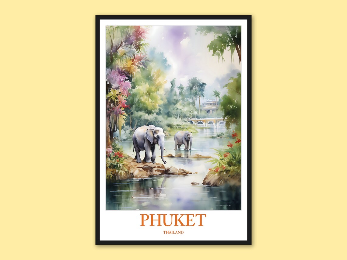 Phuket Elephant Sanctuary Print Thailand Travel Poster