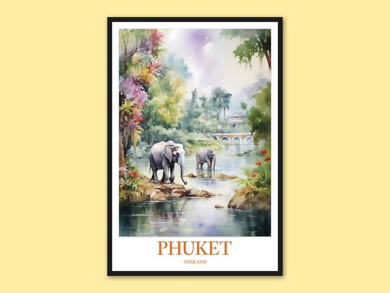 Phuket Elephant Sanctuary Print Thailand Travel Poster