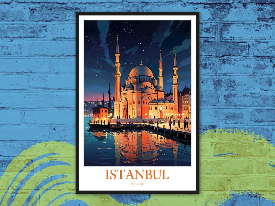Istanbul Mosque Night Skyline Starry Reflection Travel Poster