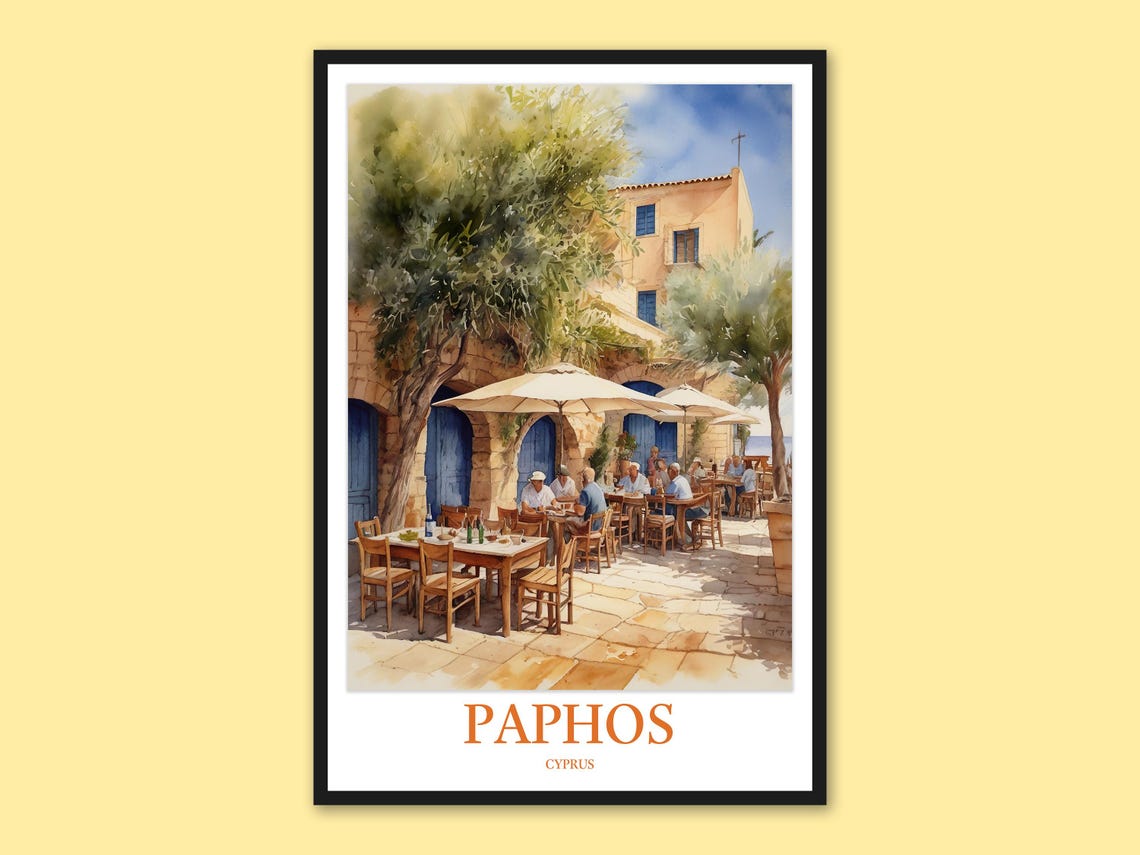 Paphos Cyprus Stone Courtyard Taverna Umbrellas Watercolor Poster