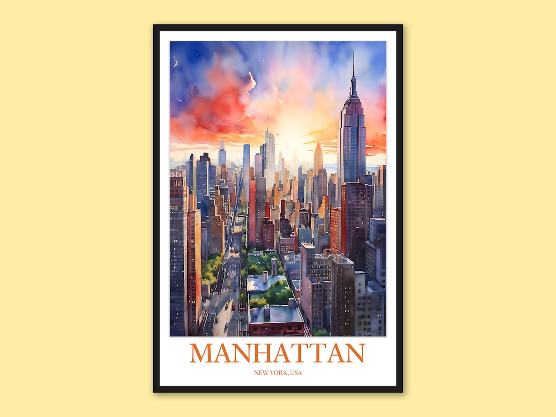 Manhattan Empire State Sunset Avenue Aerial Watercolor Poster