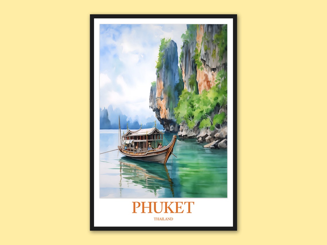 Phuket Thailand Wooden Boat Limestone Cliff Watercolor Poster