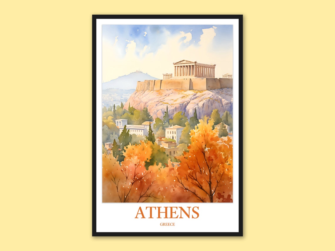 Athens Greece Acropolis Orange Autumn Watercolor Travel Poster