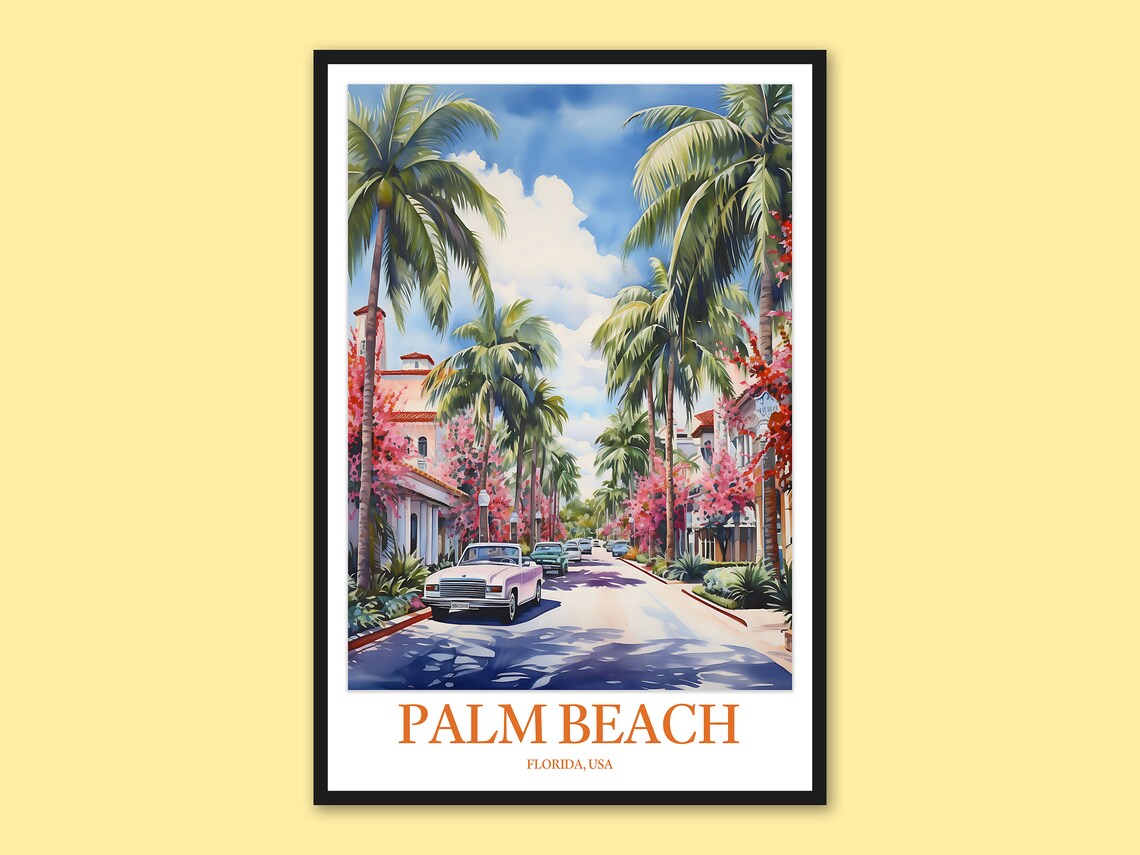 Palm Beach Florida Street Scene Poster with Vintage Cars and Palm Trees