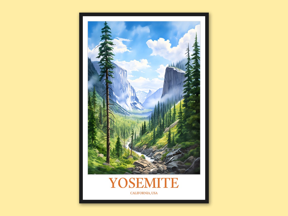 Yosemite National Park Waterfall Valley Watercolor Travel Poster