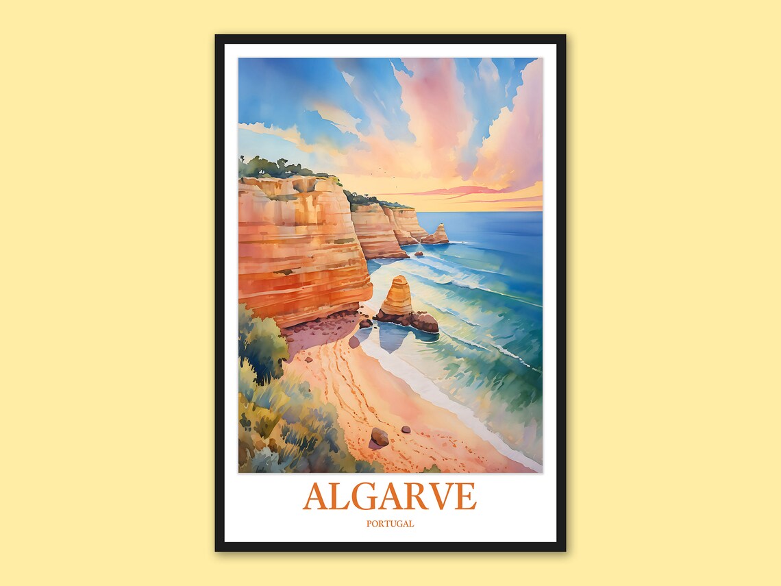 Algarve Portugal Golden Cliffs Watercolor Coastal Travel Poster