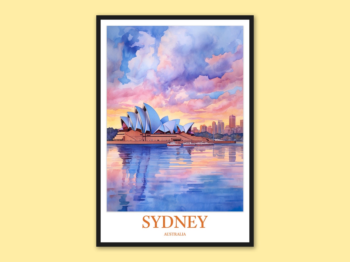 Sydney Opera House Daytime Cloudy Sky Watercolor Australia Poster