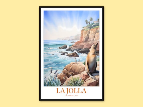 La Jolla California Seal and Seagulls on Rocky Cove Watercolor Travel Poster