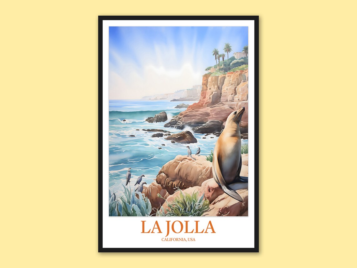La Jolla California Seal and Seagulls on Rocky Cove Watercolor Travel Poster