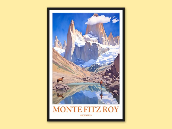 Monte Fitz Roy Snowy Spires Lake Reflection Horse and Hiker Poster