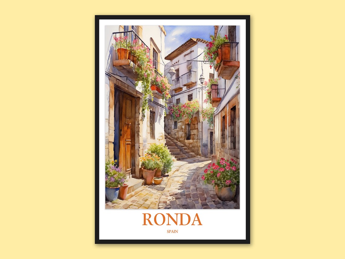Ronda Spain Old Town Flower Balcony Street Watercolor Poster