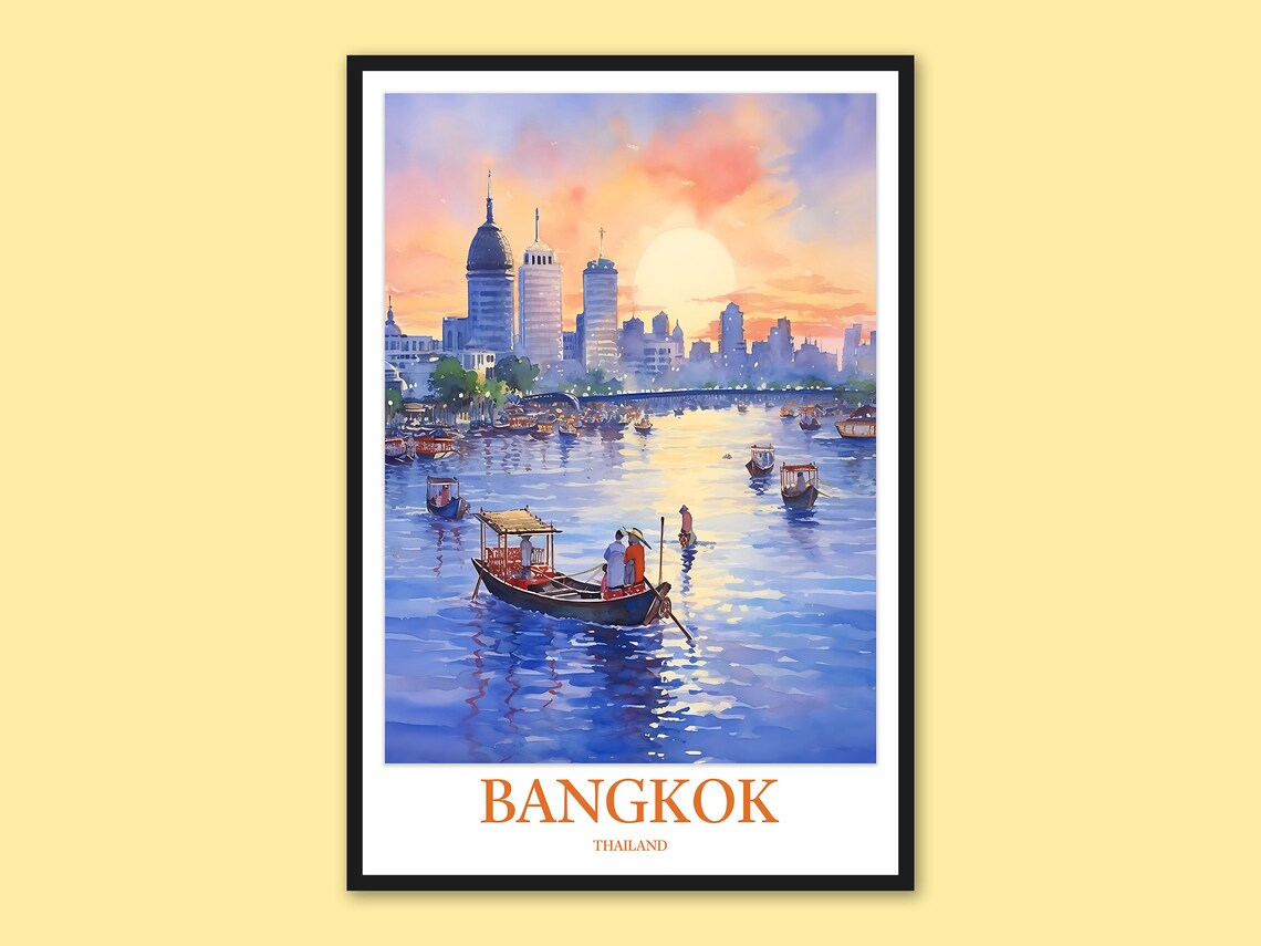 Bangkok River Sunrise Boats Skyline Glow Watercolor Travel Poster