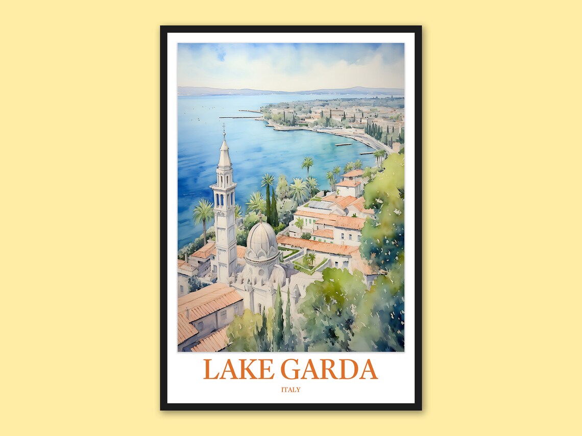 Lake Garda Lakeside Town Church Tower Panoramic Italy Travel Poster