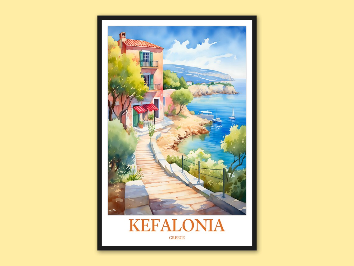 Kefalonia Coastal Villa Stone Steps Watercolor Greece Travel Poster