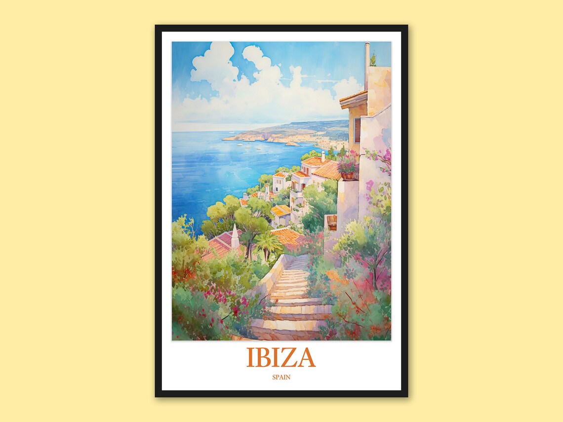 Ibiza Spain Coastal Town Steps Down to the Sea Travel Poster