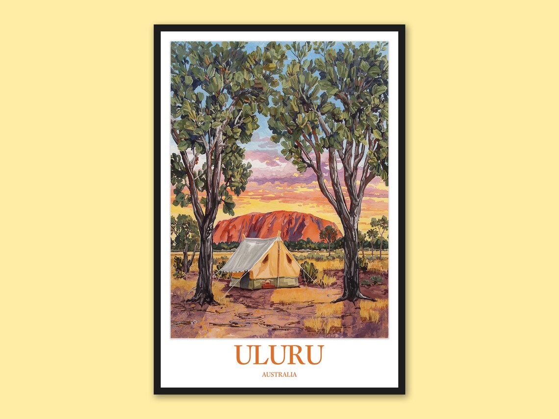 Uluru Desert Sunset Canvas Tent Gum Trees Travel Poster Australia Scene