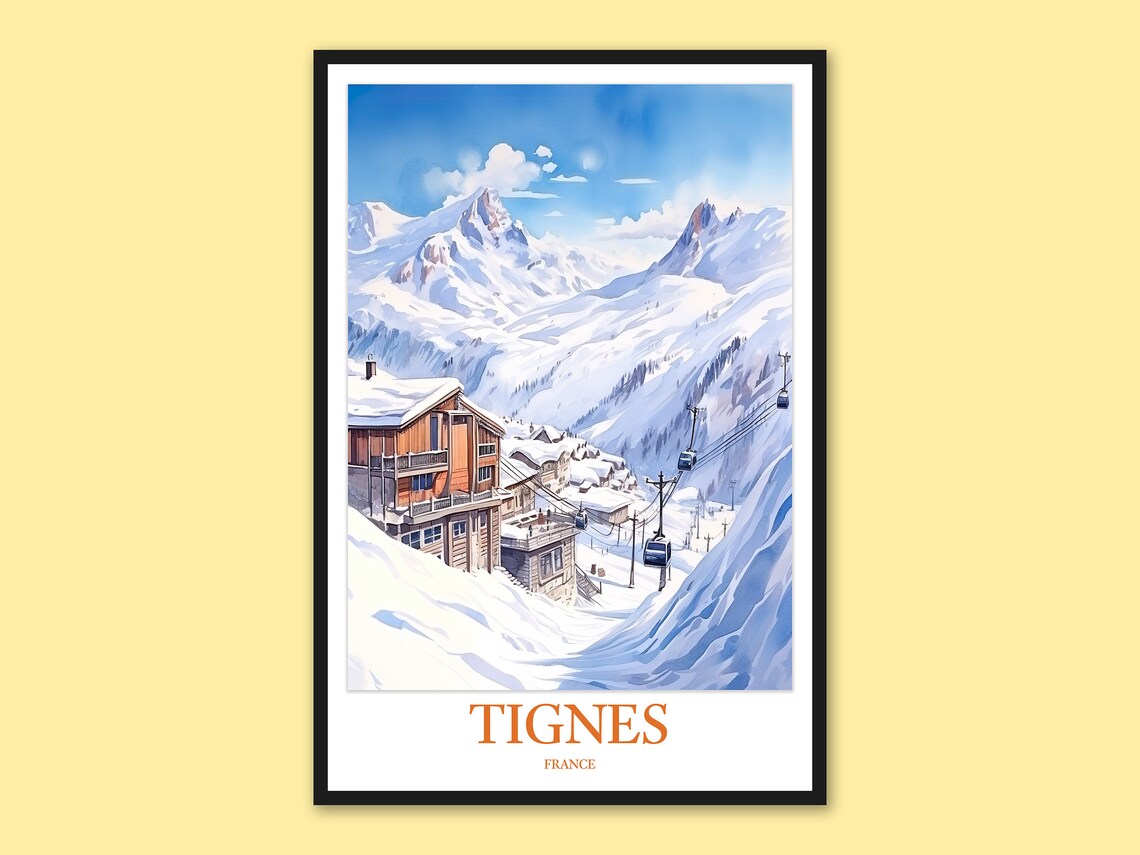 Tignes France Snowy Alpine Village Daytime Watercolor Poster