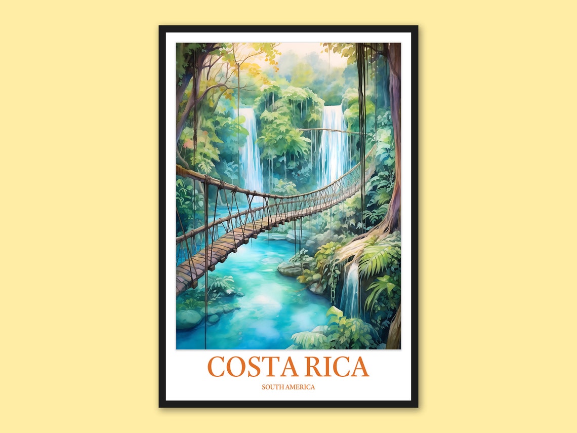 Costa Rica Turquoise River Rope Bridge Jungle Waterfall Poster
