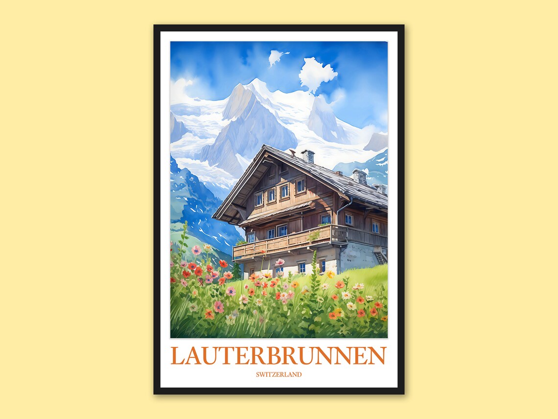 Lauterbrunnen Switzerland Alpine Chalet Wildflower Watercolor Poster