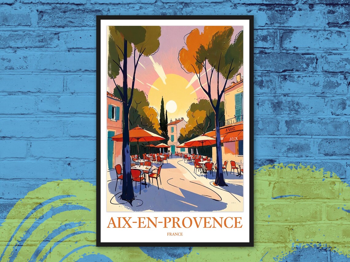 Aix-en-Provence Cafe Square Sunset Illustration Travel Poster France