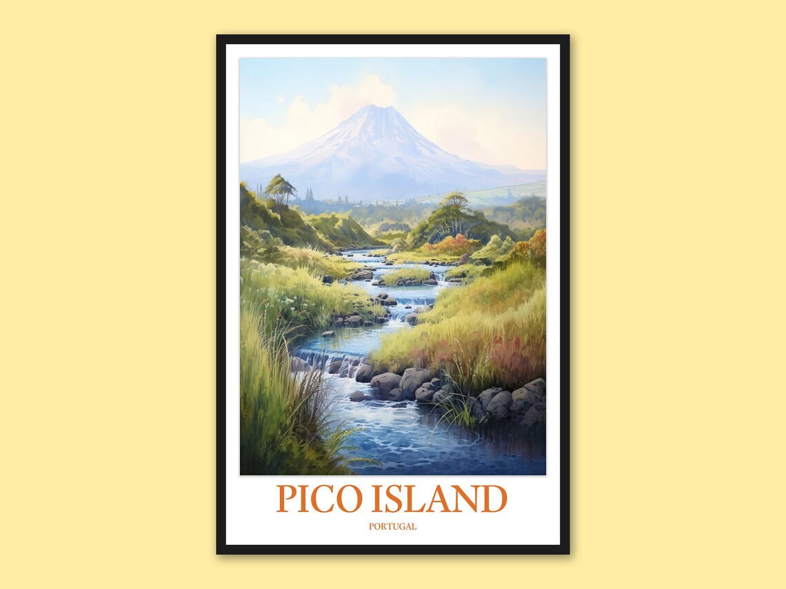 Pico Island Portugal Volcano Mountain Stream Scenic Travel Poster