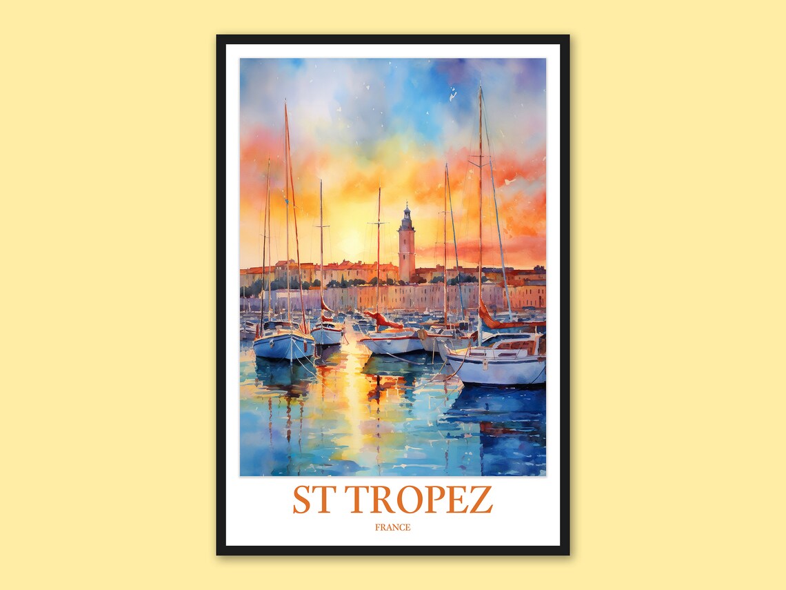 St Tropez Sunset Harbor Sailboats French Riviera Watercolor Poster