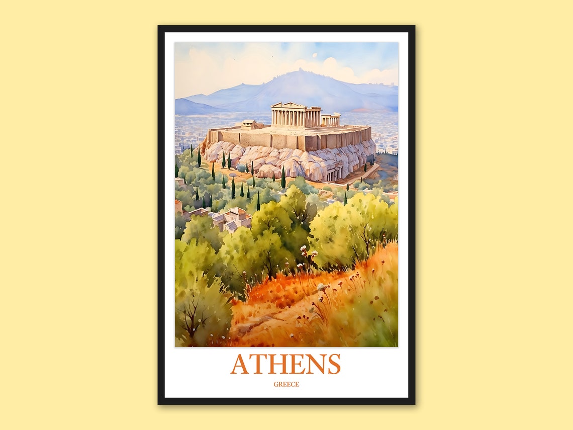 Athens Acropolis Green Hillside Watercolor Greece Travel Poster