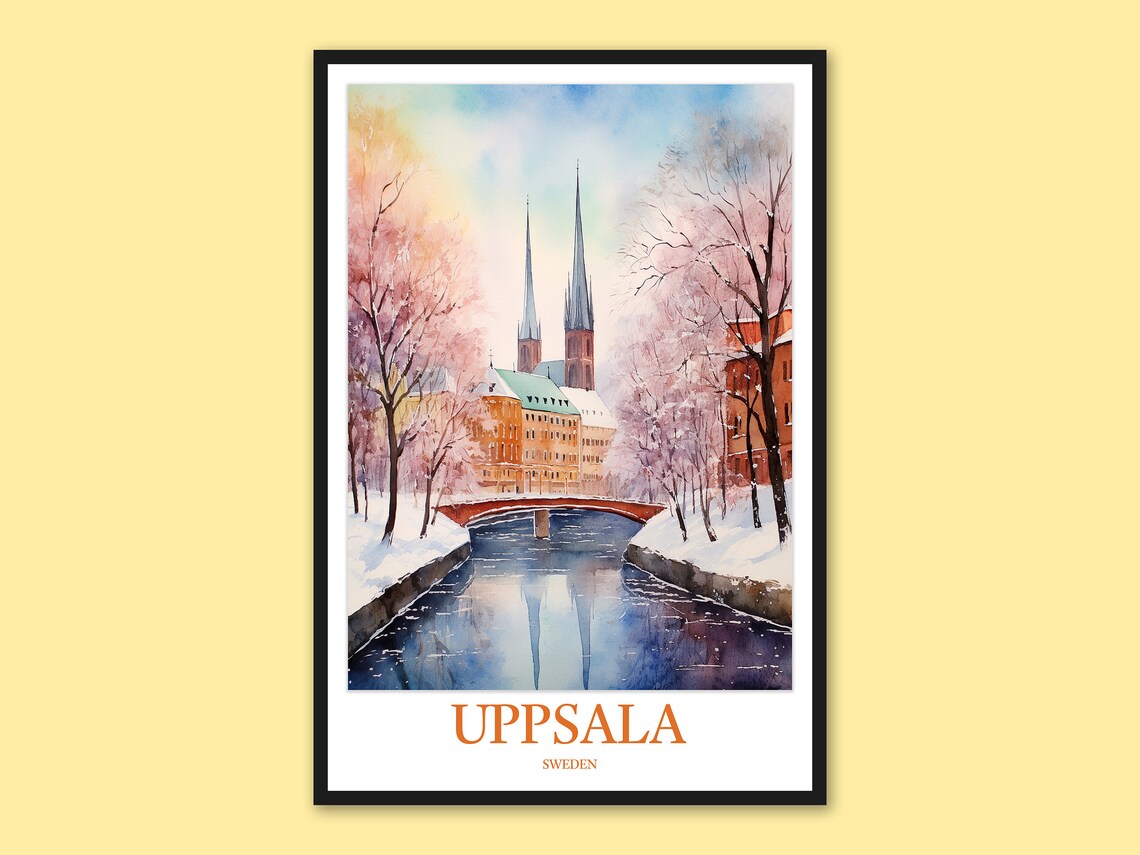 Uppsala Sweden Winter Watercolor Poster Cathedral Spires and Bridge