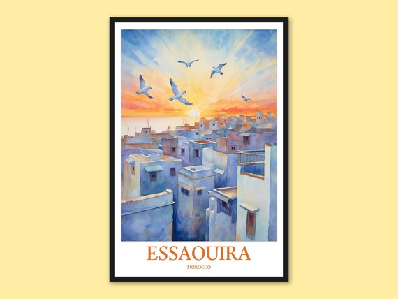Essaouira Morocco Whitewashed Medina Rooftops Sunset Watercolor Poster