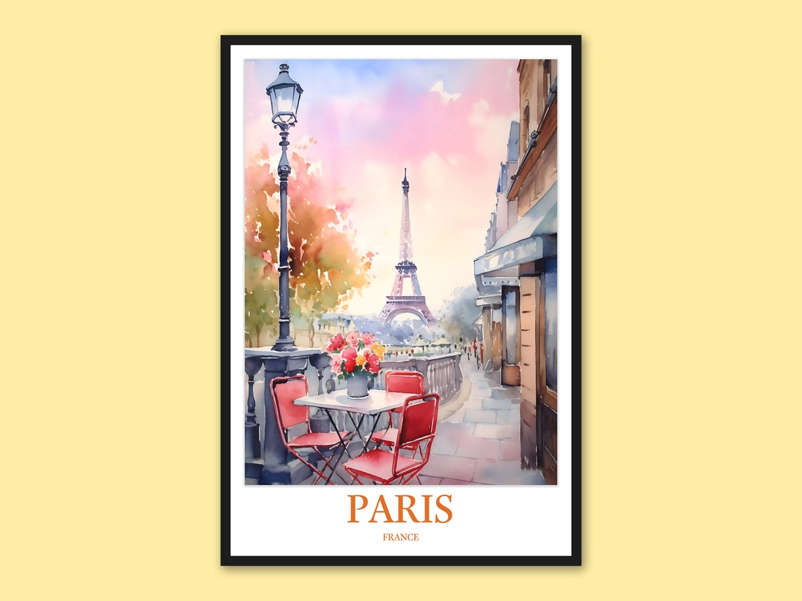 Paris Eiffel Tower Street Cafe Watercolor France Travel Poster