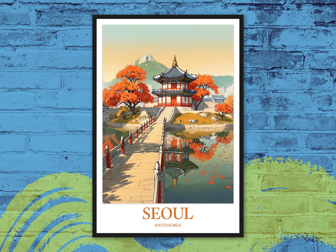 Seoul Autumn Lake Palace Pavilion Bridge Fall Korea Travel Poster