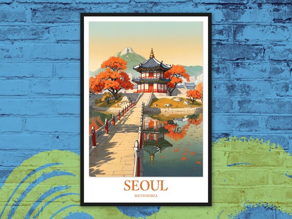 Seoul Autumn Lake Palace Pavilion Bridge Fall Korea Travel Poster