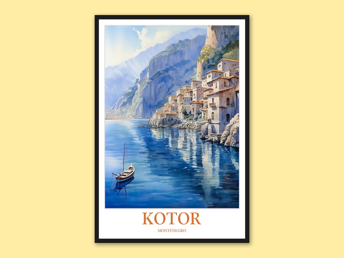Kotor Montenegro Historic Old Town Bay Watercolor Travel Poster