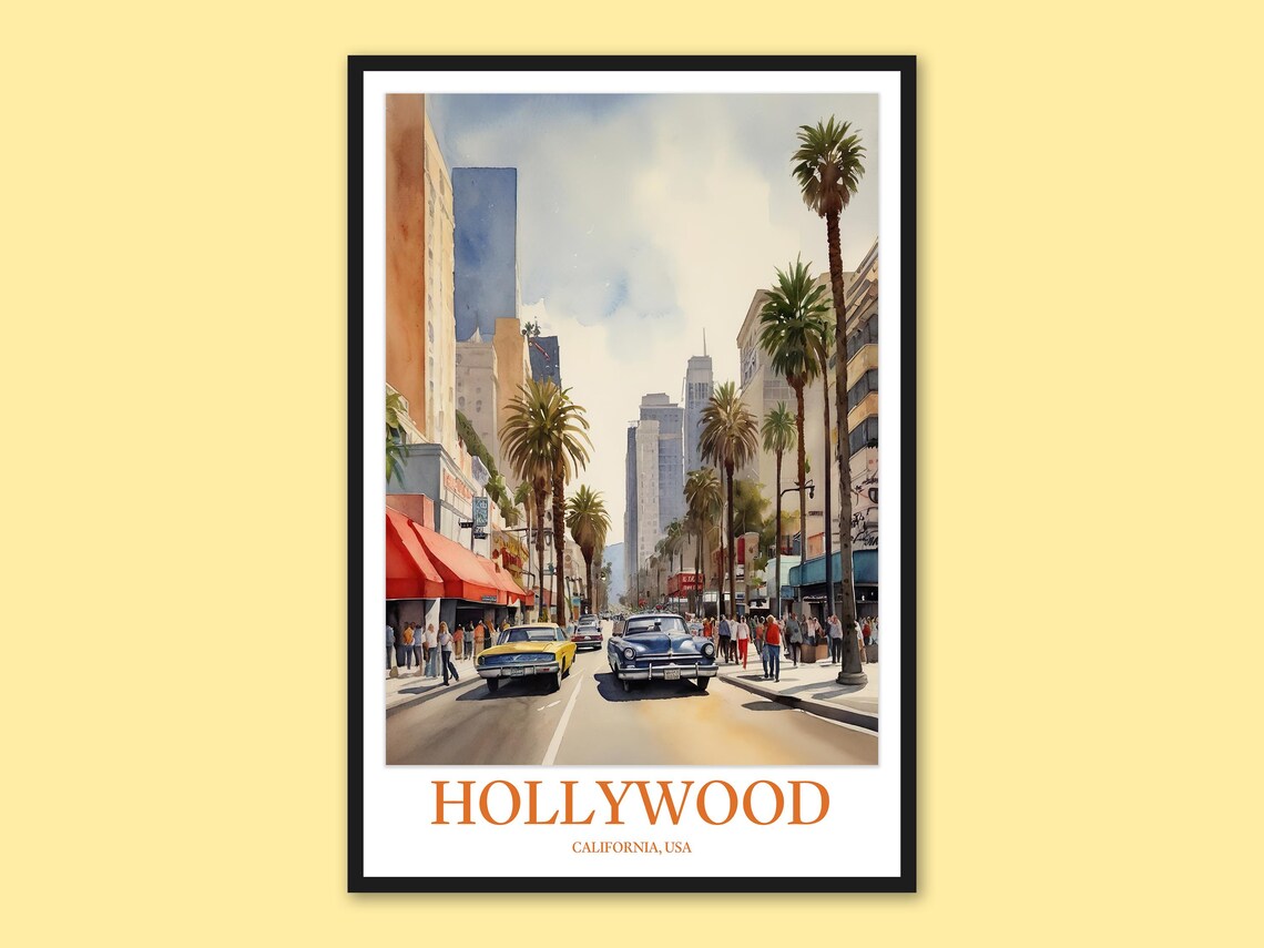 Hollywood Wide Boulevard Classic Cars Red Awnings Street Poster